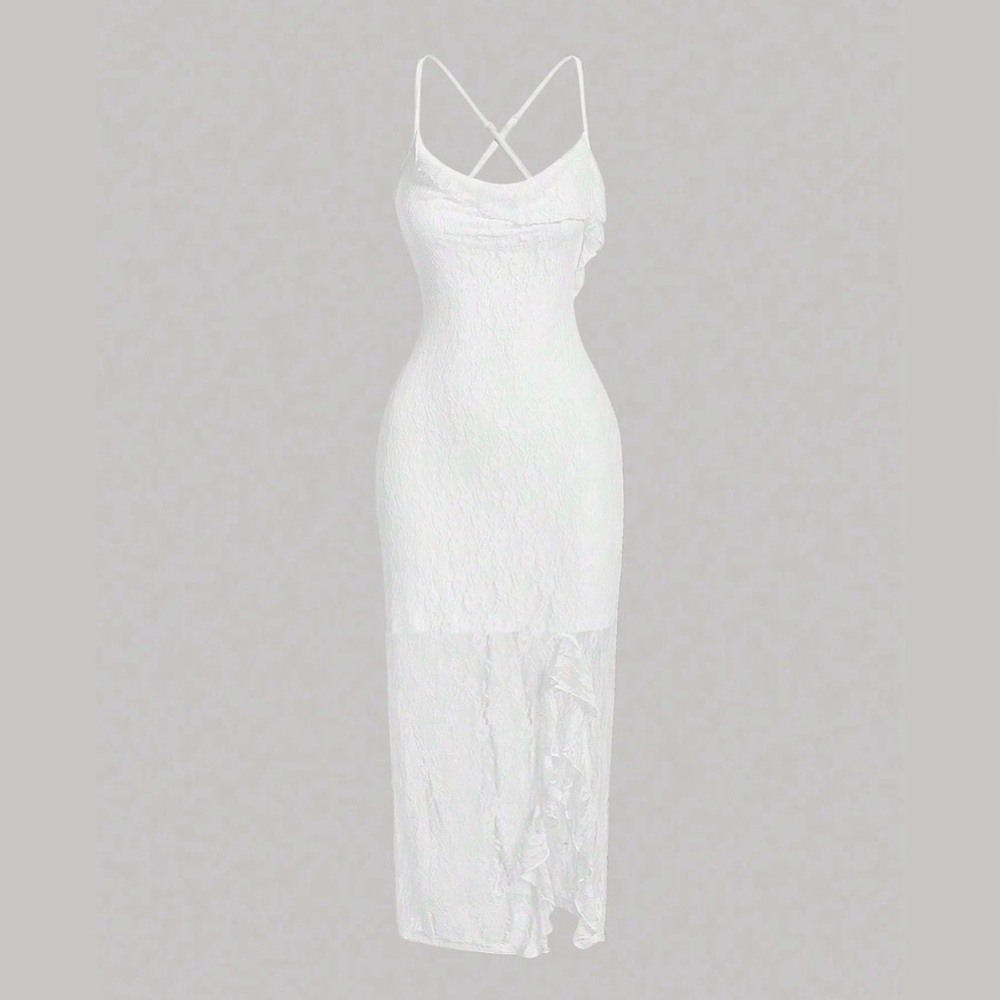 White Lace Mesh Asymmetrical Leg Slit Maxi Dress